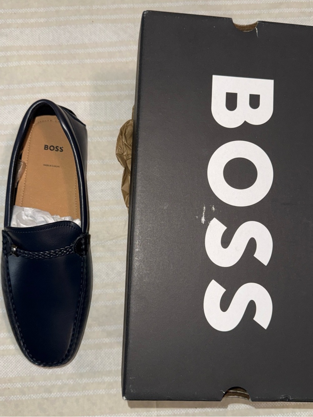 BOSS Navy Leather Slip-On Loafers with Braided Trim